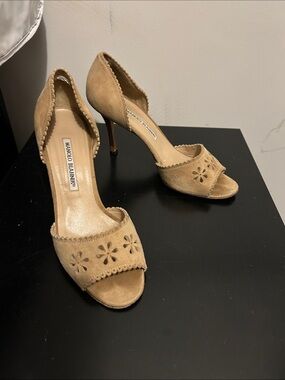 Vintage Manolo Blahnik Tan Suede Peep-Toe Heels, Size 38